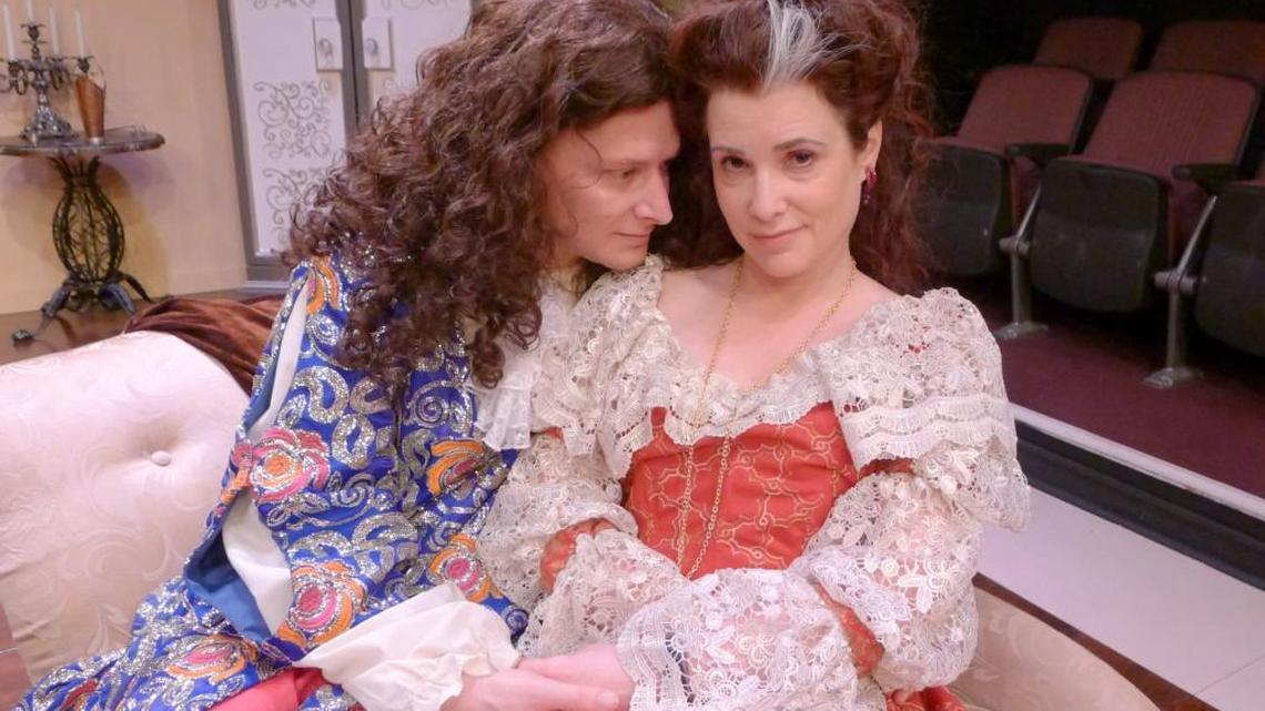 King Charles II, left, (played by John Tuttle) and Aphra Behn (played by J Benway) are part of a love triangle with actress Nell Gwynne (Shannon Agostinelli) in “Or,” a production by the Olympia Little Theatre opening this week.