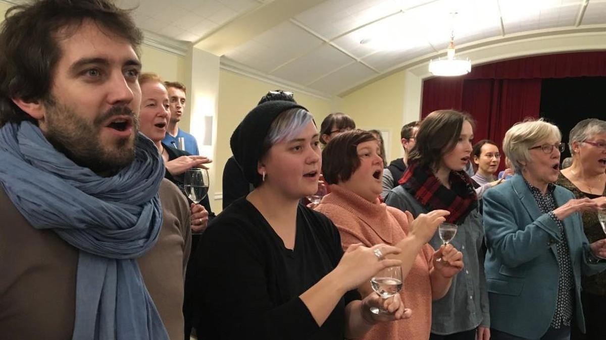 Seattle Pro Musica rehearses “Northern Lights,” a contemporary piece describing the aurora borealis with choir, soloists, chimes and tuned water glasses.