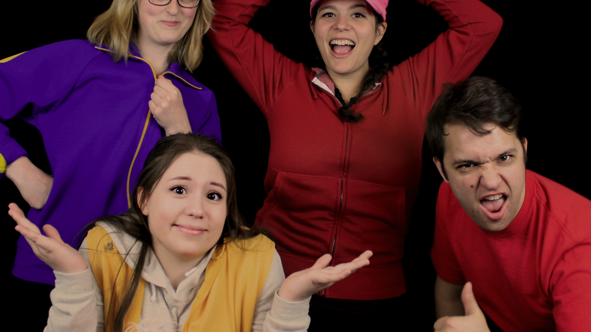 From top left clockwise: Mandy Ryle as Harper, Vanessa Postil as Astrid, Mark Alford as Kyle, Blubber as himself and Megan Wakefield as Claire in Olympia Family Theater’s “Fishnapped.”