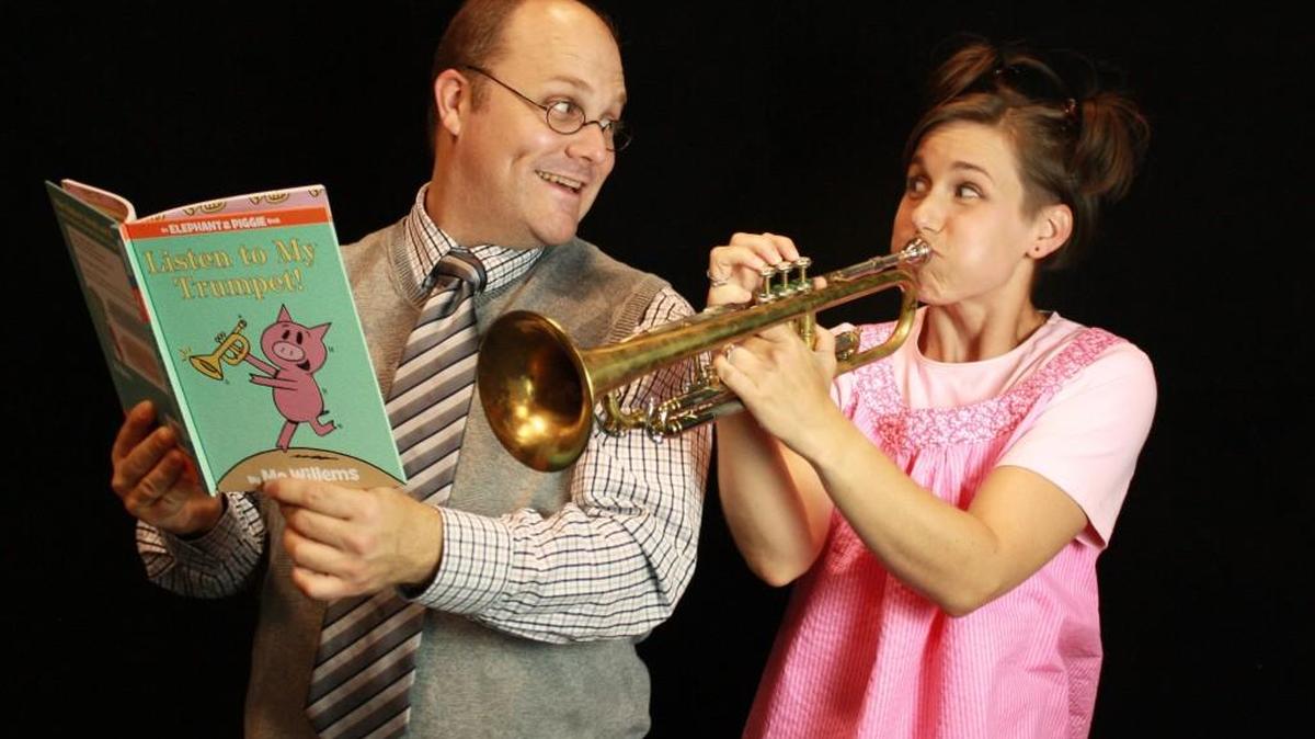 Isaac McKenzieSullivan is Gerald the Elephant and Joanna Gibson is Piggie in “Elephant & Piggie’s ‘We Are in a Play’ ” at Olympia Family Theater.