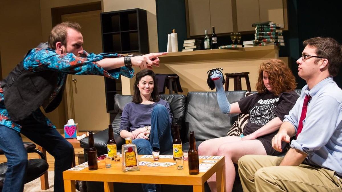 
Christian Doyle as Ron (from left), Leah Scofield as Waverly, Hanna Poppit as Joyce Carol Oates, Maggie Furguson-Wagstaffe as Nancy, Mark Alford as Andrew in Harlequin Productions’ “Recent Tragic Events,” a comedy that takes place the day after the 9/11 attacks.
