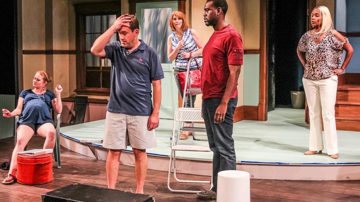 Maggie Ferguson-Wagstaffe, Jason Haws, Nikki Visel, Robert, Humes and LaVon Hardison rehearse a scene from “Clybourne Park” from Harlequin Productions’ previous season.
