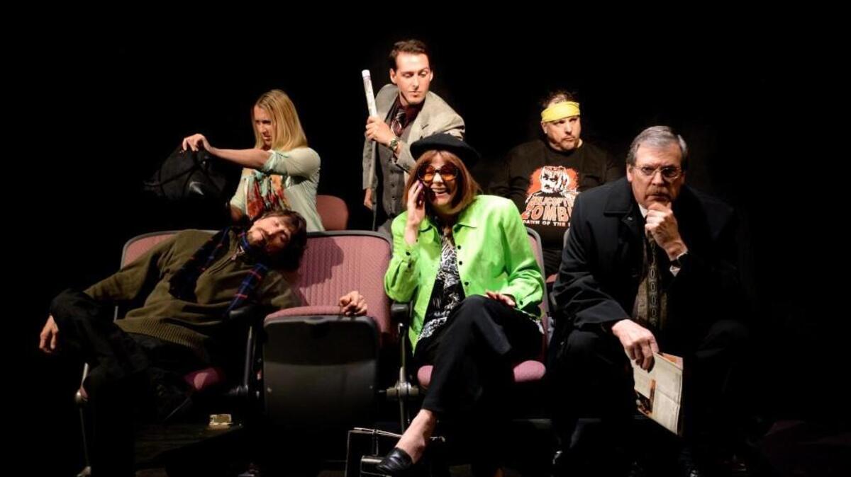 From left, Rick Pearlstein, Tracy Torwick, David Shoffner, Meghan Goodman, John Lyons Beck and Rich Young rehearse for “Unwrap Your Candy,” a new play opening at Olympia Little Theatre.