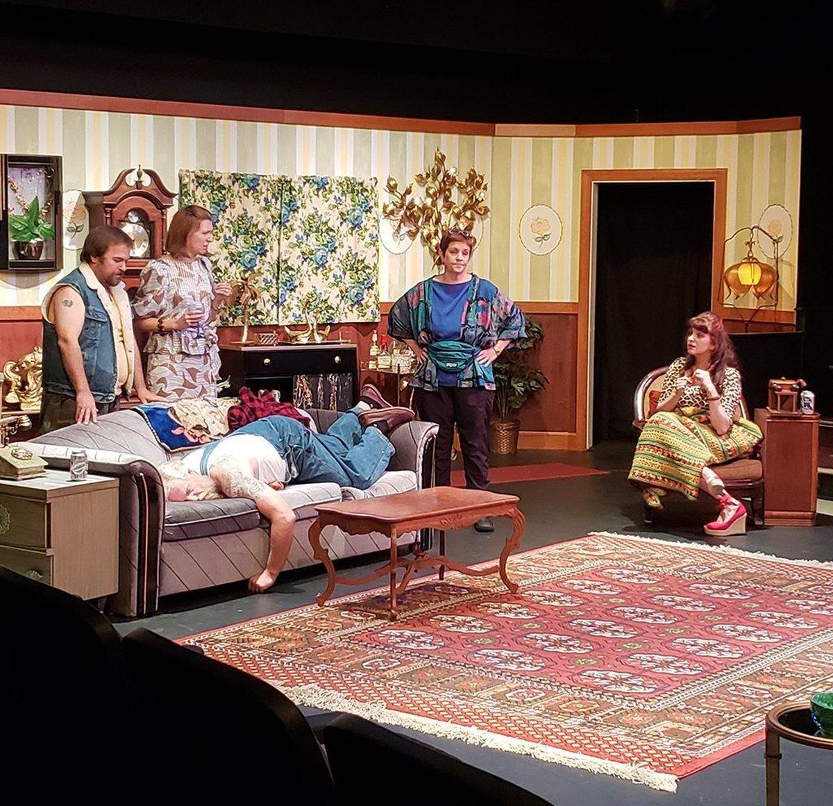 From left, Jeremy Holien as Harold Dunwoody, Laura Miller as Diane Dunwoody, Ryan Hendrickson as Monroe Dunwoody, Debbie Sampson as Nola Marcus, and Heather R. Christopher as Frieda Dunwoody in Olympia Little Theater’s production of “Clockwork.”