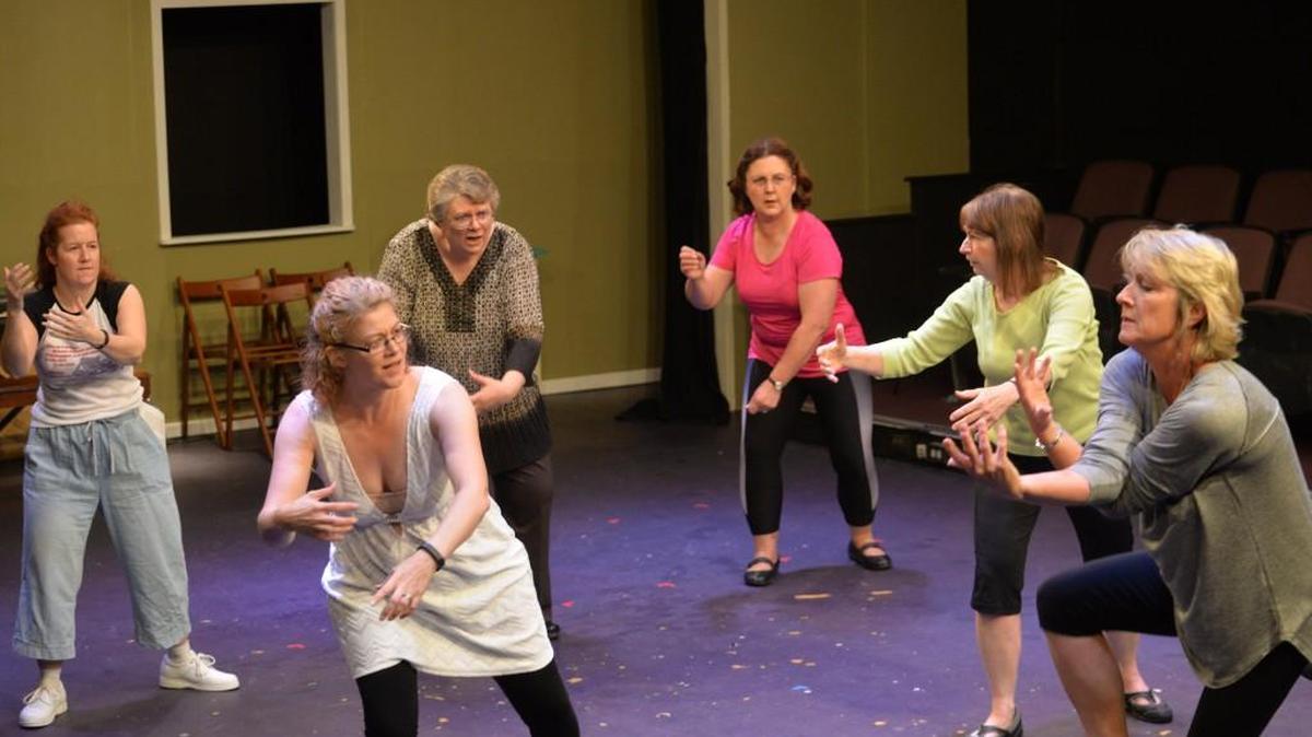 
From left, Jean Kivi-Thomas, Erin Quinn Valcho, Diana Purvine, Bobbie Bode, Jane Brody and Kathy Harris rehearse for Olympia Little Theatre’s production of “Calendar Girls,” which opens Friday, (Sept. 11).

