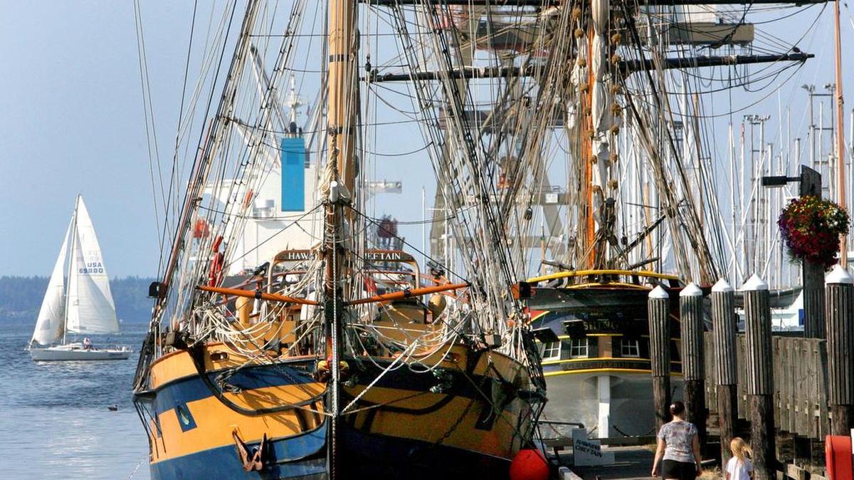 The Lady Washington, a 112-foot replica of an 18th-century brig, along with her sister tall ship, the Hawaiian Chieftain (left) rest at Percival Landing. The ships are back for one day Sunday for tours and sails.