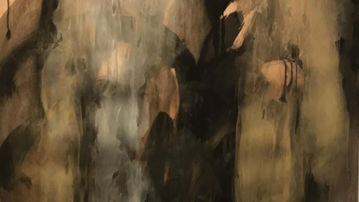 Falls Encaustic and Sumi Ink on wood panel by Debra Van Tuinen. Her work will be on display at Waterstreet Cafe for Arts Walk.