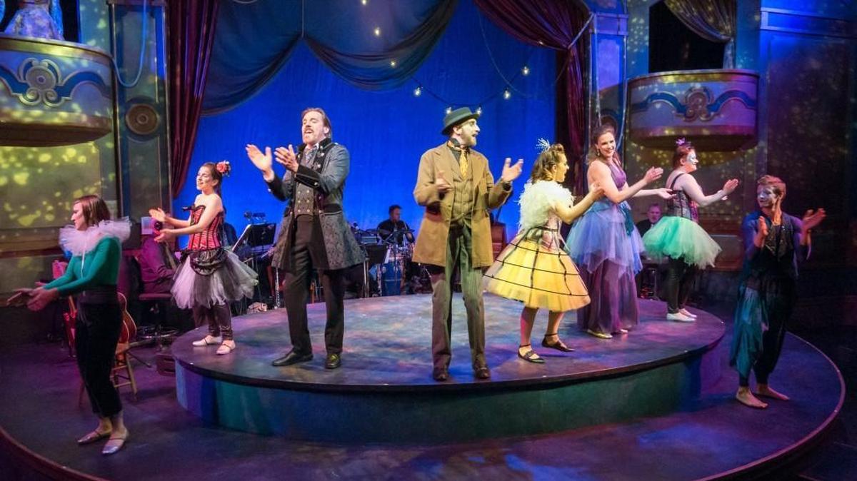 From left, Marlo Winter, Elex Hill, Bruce Haasl, Christian Doyle, Amy Shephard, Christie Oldright, Maggie Doyle and Eric Sanford in the “Magical Mystery Midsummer Musical” opening this weekend at the State Theater. It is based on the music of Bruce Whitney.