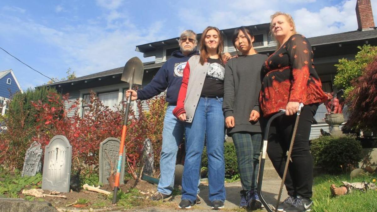 The Smith family have created a home haunted house in Tacoma for 34 years now. From left: John Smith, daughter Lexi, exchange student Chiaki Higaki and Jeanette Smith.