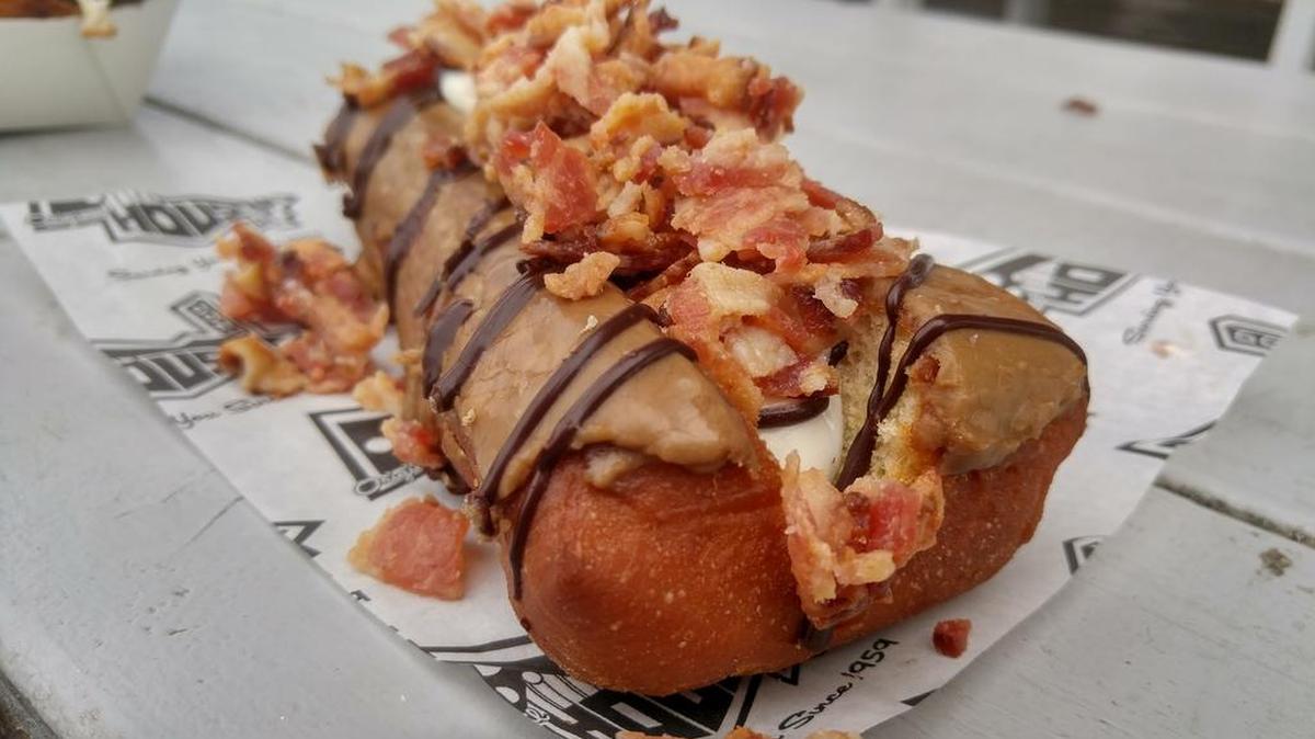 A triple bacon doughnut from the Original House of Donuts food truck at the Washington State Fair.