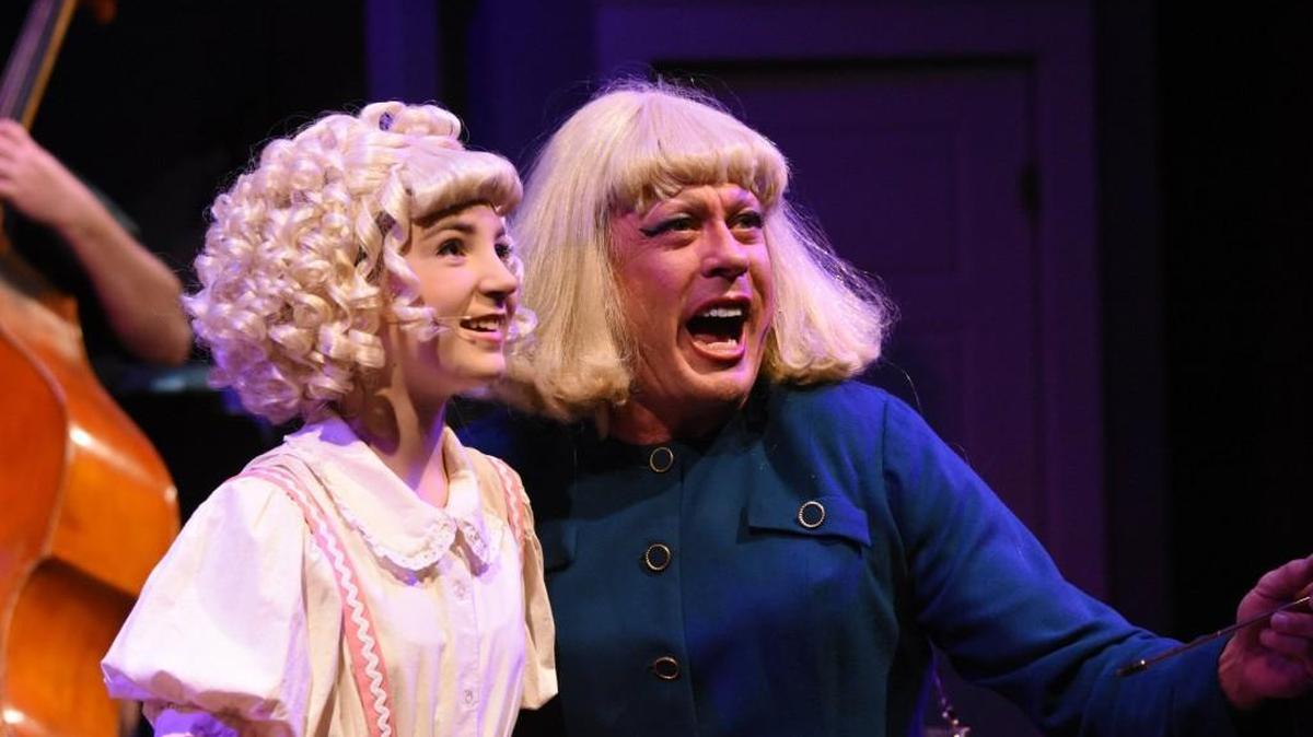 Aubrey Thomas as Tina Denmark and Gregory Conn as talent scout Sylvia St. Croix in Harlequin Productions’ “Ruthless.”