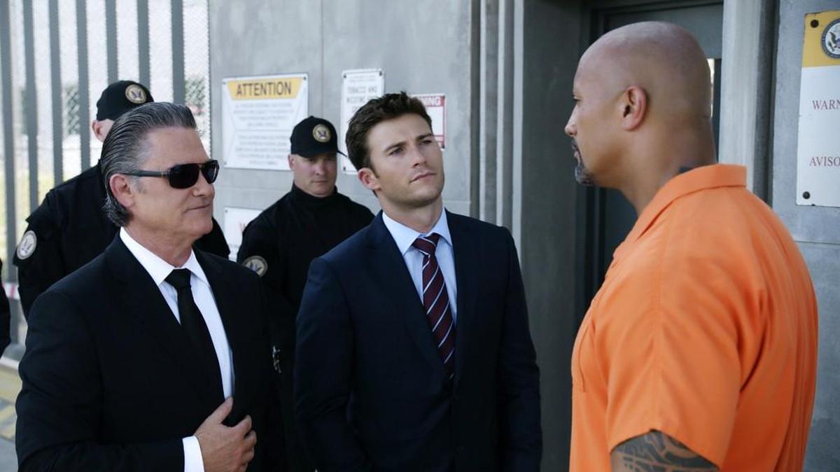 From left: Kurt Russell, Scott Eastwood and Dwayne Johnson in “The Fate of the Furious.”