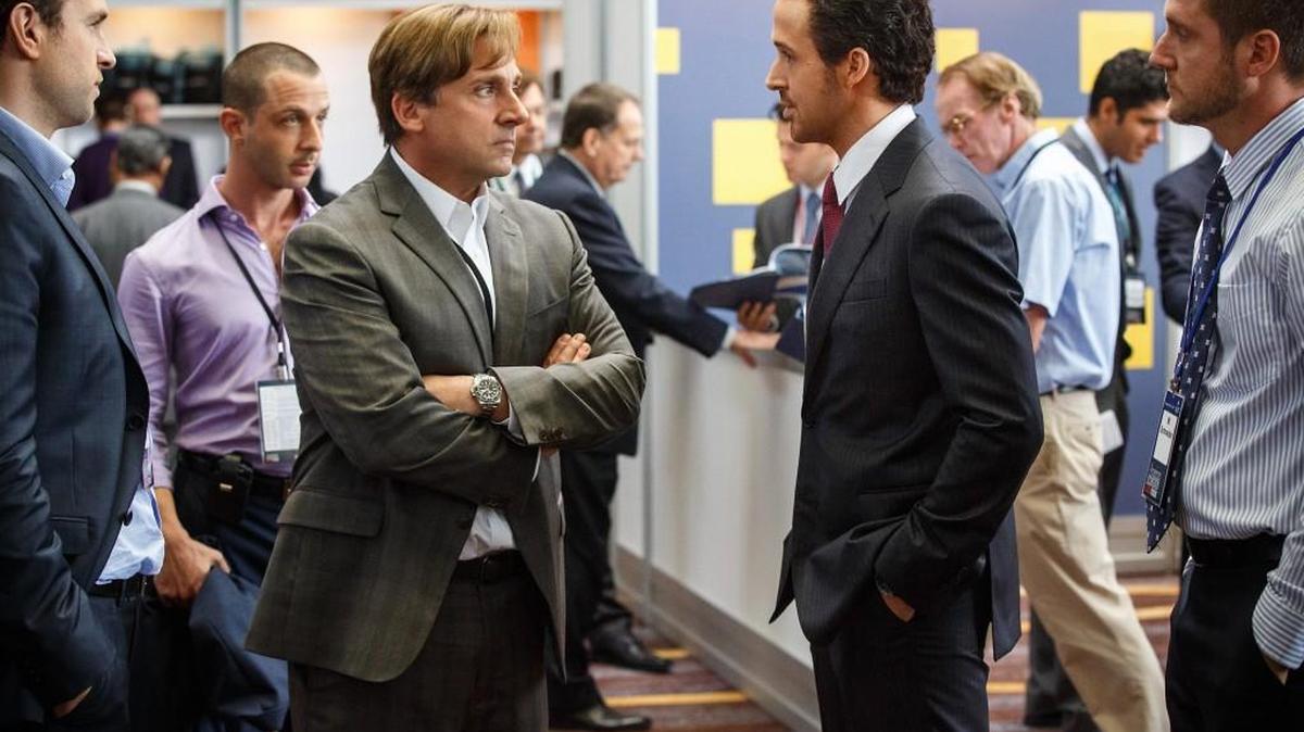 Ryan Gosling, from right, and Steve Carell star in “The Big Short.”