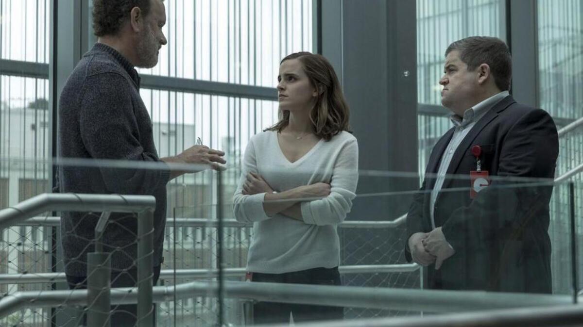 Tom Hanks, from left, Emma Watson and Patton Oswalt star in “The Circle.”