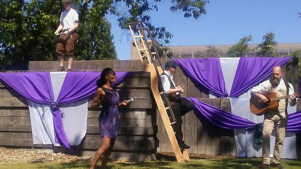 Animal Fire Theatre’s actors rehearse for their upcoming production of “Much Ado About Nothing.” From left, Atom Hill as Balthasar, LaNita Hudson as Margaret, Ryan Holmberg as Claudio and Scott Douglas as Don Pedro.