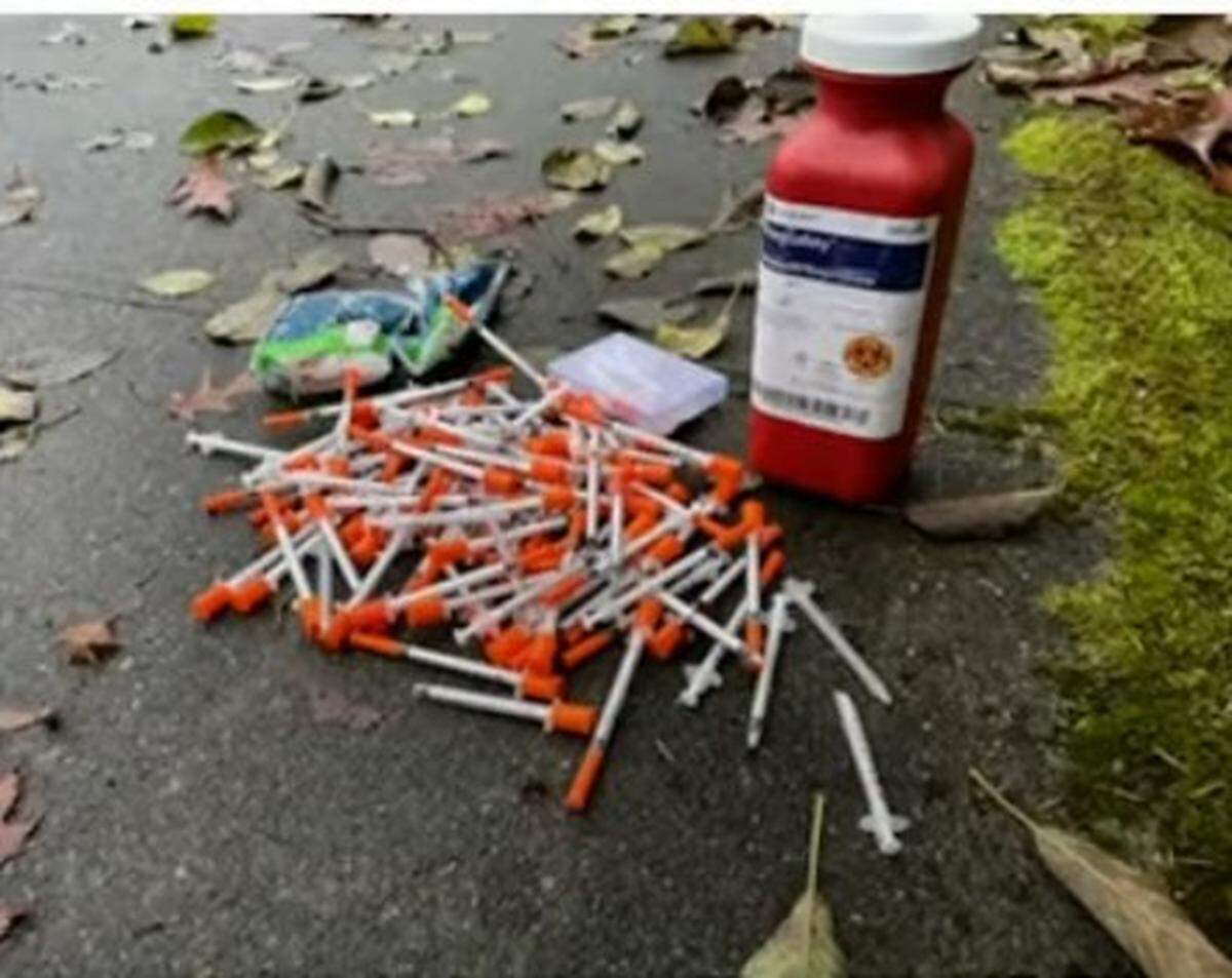 A photo of hypodermic needles recovered by Lacey’s Rapid Response Team between October 2024 and October 2025 and shared during a Lacey City Council presentation on Tuesday, Oct. 7, 2025.