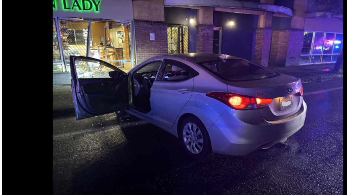 A stolen car was driven into a west side pot shop early Monday morning, according to Olympia police.