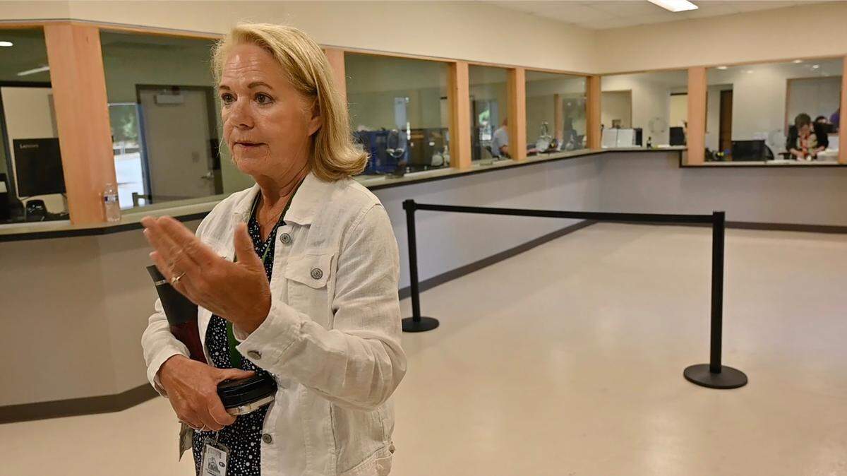 Thurston County Auditor Mary Hall leads a July 16, 2024 tour of the new voting services office at its Tumwater location at 2915 29th Ave SW.