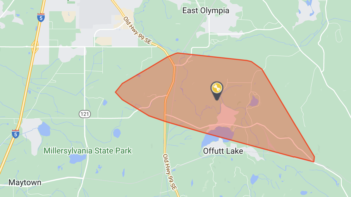 A power outage affected about 100 customers in a large area that included parts of Old Highway 99 and Offutt Lake on Wednesday, March 8, 2023.
