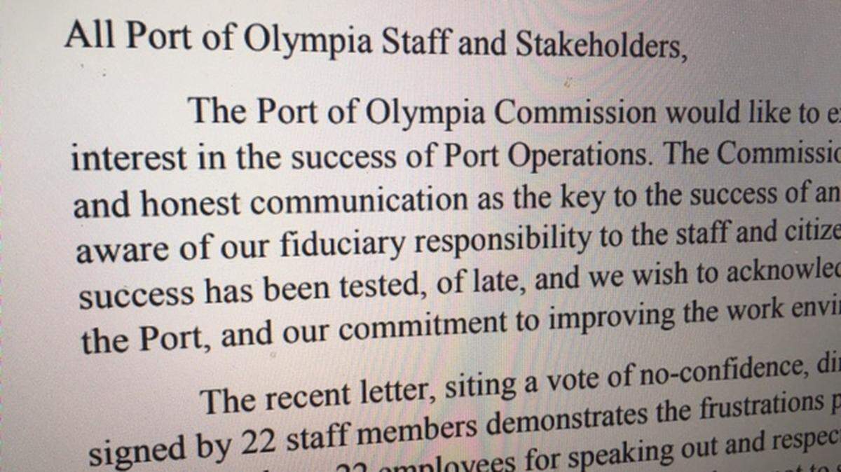 Port of Olympia Commissioner Bob Iyall has responded to the recent controversy surrounding Executive Director Sam Gibboney by sending a letter to port staff and stakeholders.
