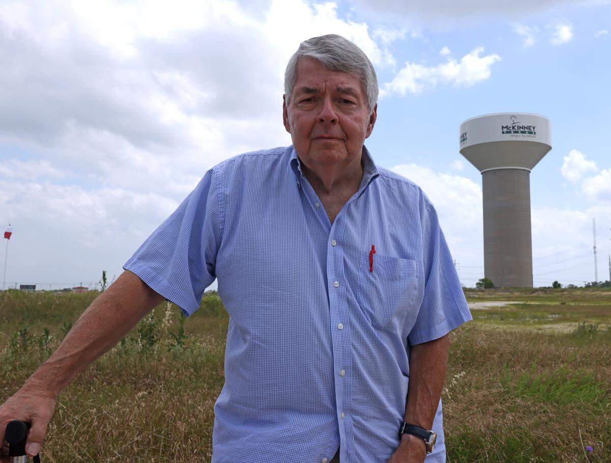 Kirby Wilbur lives near one of the water towers in McKinney, Texas, shown on Monday, May, 18, 2026. Wilbur relocated to Texas from the Seattle-Tacoma area.