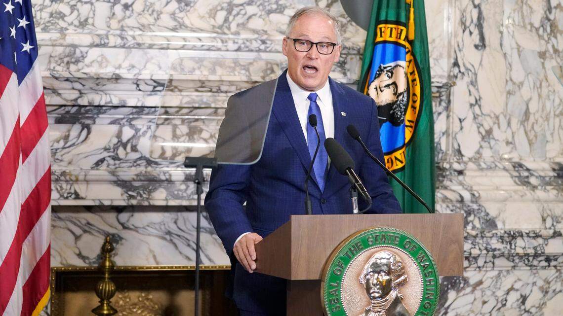 Washington Gov. Jay Inslee gives his annual State of the State address on Jan. 11, 2022, at the Capitol in Olympia, Wash. Inslee on Thursday said he will protect Idaho residents’ access to abortion.