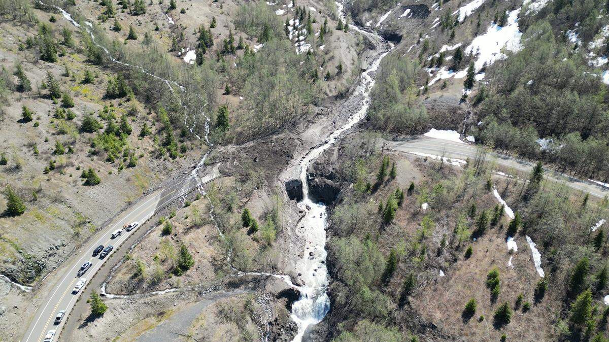 An aerial view of Spirit Lake Highway, also known as State Route 504, where a massive landslide washed away the roadway on May 14, 2023. The incident, now known as the South Coldwater Slide, effectively cut off the only means of reaching Mount St. Helen’s Johnston Ridge Observatory.