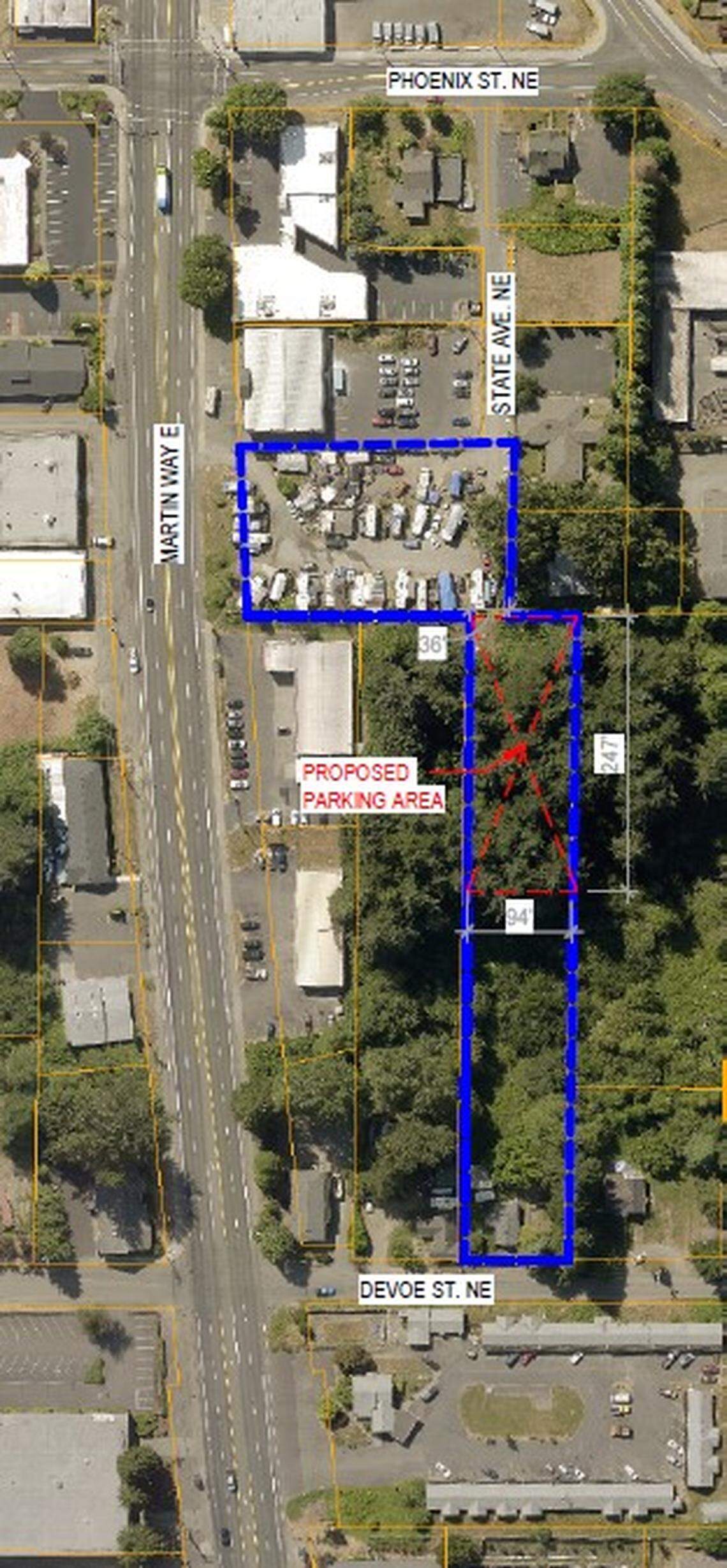 The location of the proposed Martin Way Heights apartment project.