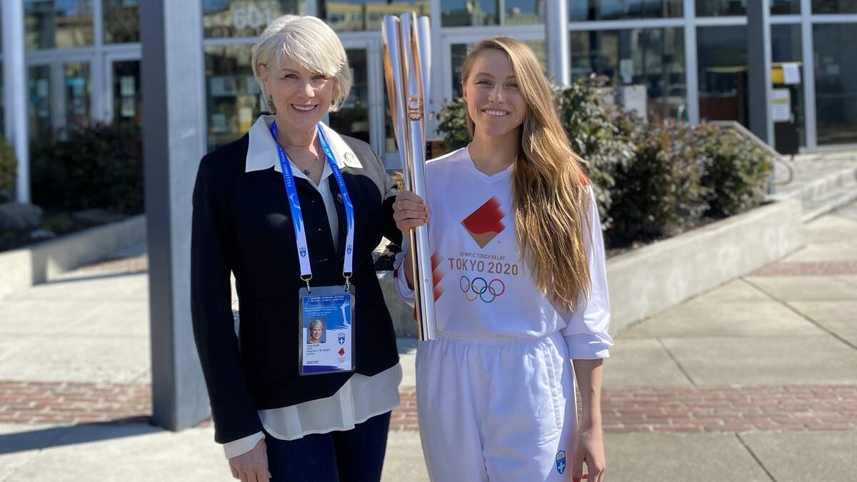 Mayor Cheryl Selby and her daughter Gretchen Helpenstell pose for a photo outside Olympia City Hall. The pair went to Olympia, Greece for the lighting of the Olympic flame for the 2020 Summer Olympics. Mayor Georgiopolus Georgios had invited them, hoping the two Olympias could be sister cities again. Helpenstell unexpectedly ended up running a leg in the torch relay as a last-minute replacement.
