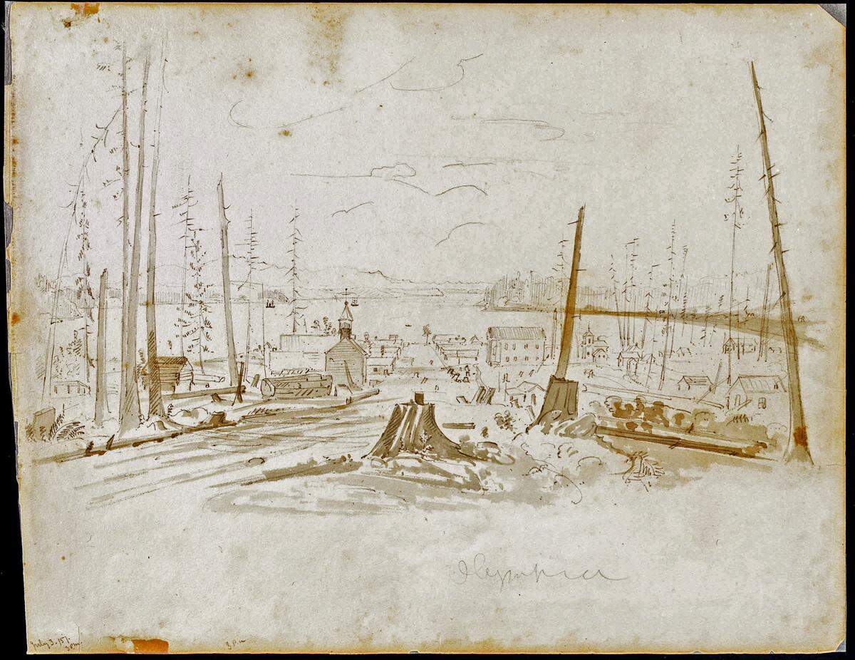 Each week will feature a view of downtown Olympia over the years. This earliest image of Olympia is by James Alden, commander of the Coast Survey ship Active in 1857. Alden created this sketch soon after the 1855-1856 Puget Sound Treaty Wars, when Olympia was in its infancy. We are looking north down what is now Capitol Way.