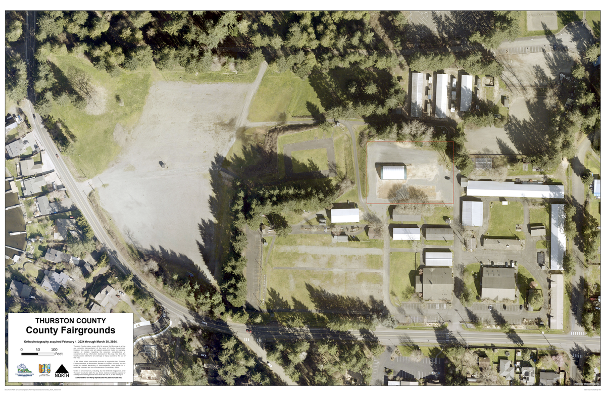 An aerial view of the Thurston County Fairgrounds at 3054 Carpenter Road in Lacey. The area within the red square is where the county plans to build a new “Evacuation and Agricultural Center.”