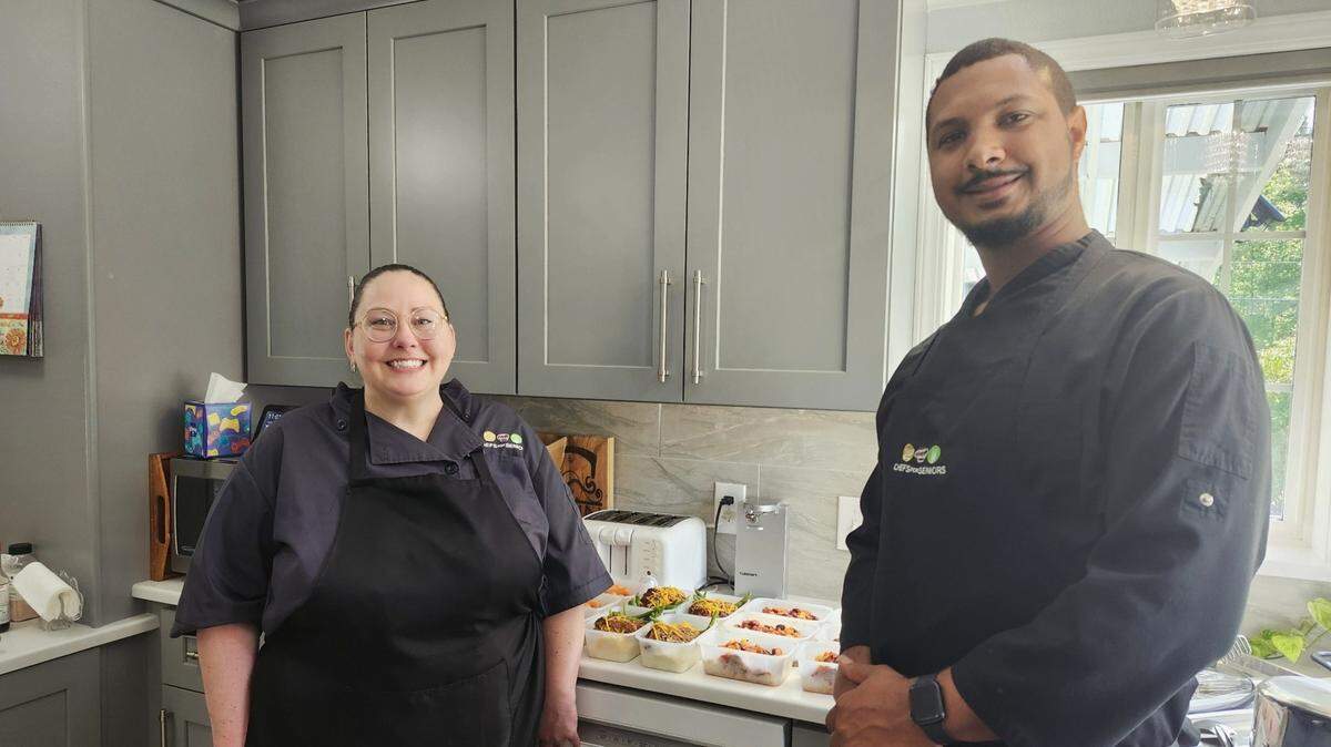 Regional owner, Mary King and chef Aaron Henderson work to prepare customizable meals for senior clients in the Tacoma and Olympia area.