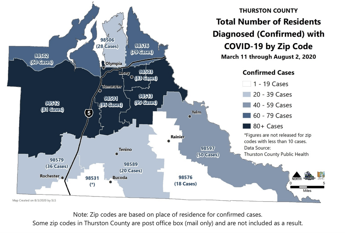 Thurston County COVID-19 cases broken down by ZIP Code. Data compiled by Thurston County on 8/3/20.