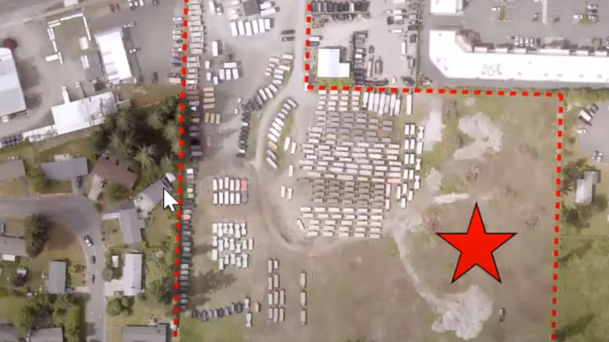 The red border shows the outline of the Martin Way East property that needs to be rezoned.