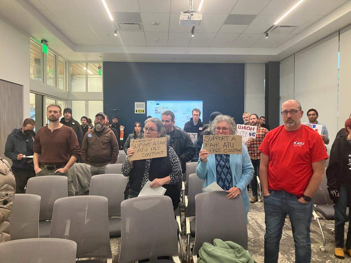 At the conclusion of public comment, union workers and supporters stood and walked out of Wednesday’s Intercity Transit Authority meeting together. They then demonstrated outside the IT building at Pattison Street and Martin Way.