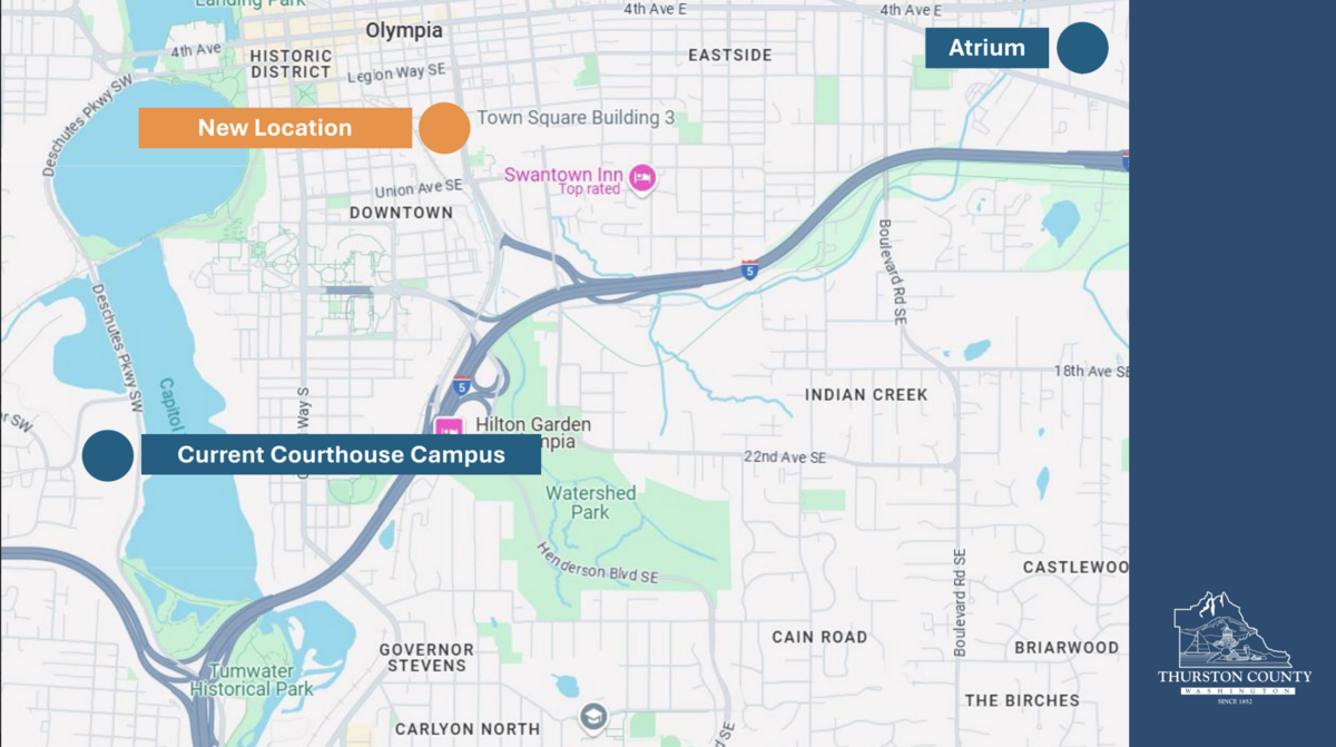 Thurston County officials plan to eventually move court operations and government offices to a 7-acre campus at the intersection of Plum Street Southeast and Eighth Avenue. The county currently has a courthouse campus at 2000 Lakeridge Dr. SW and an administrative headquarters called The Atrium at 3000 Pacific Ave. SE.