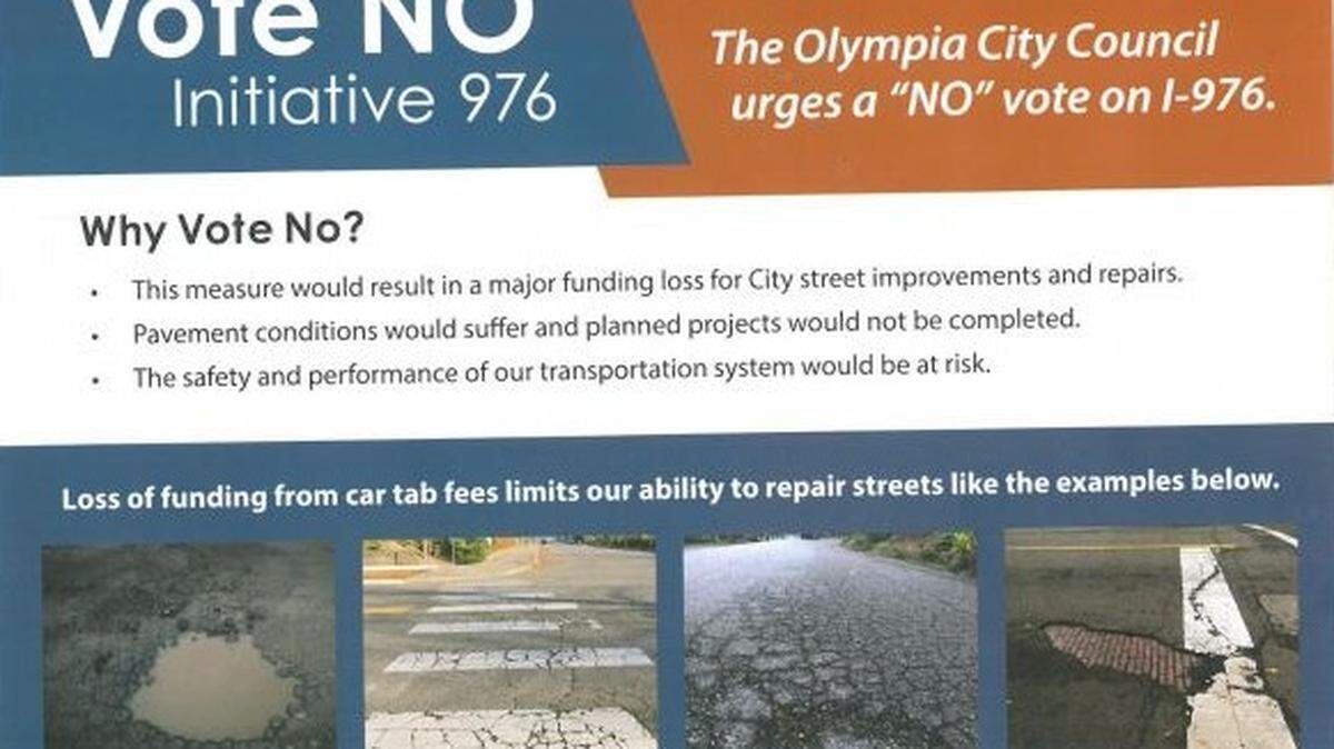 The city of Olympia sent out this mailer urging people to vote no on Initiative 976.
