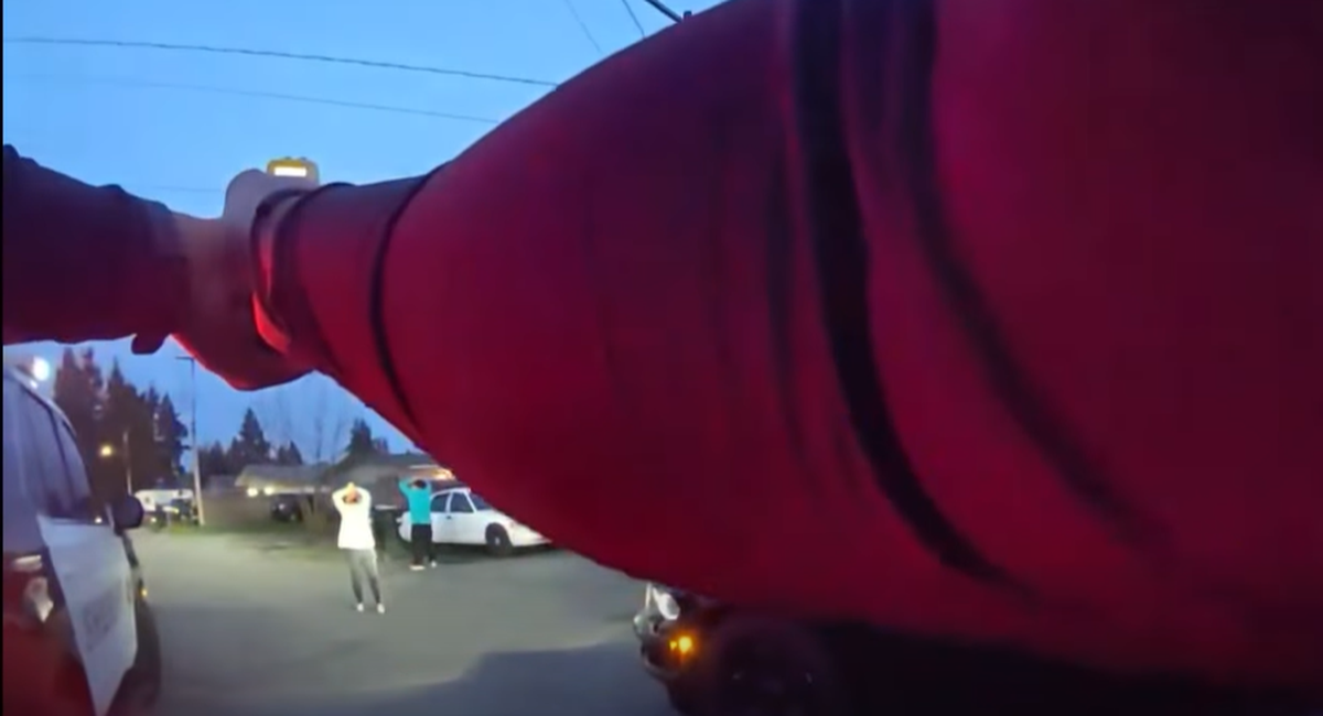 Two suspects were arrested at gunpoint after a downtown Olympia pursuit, a Thurston County Sheriff’s Office video shows.