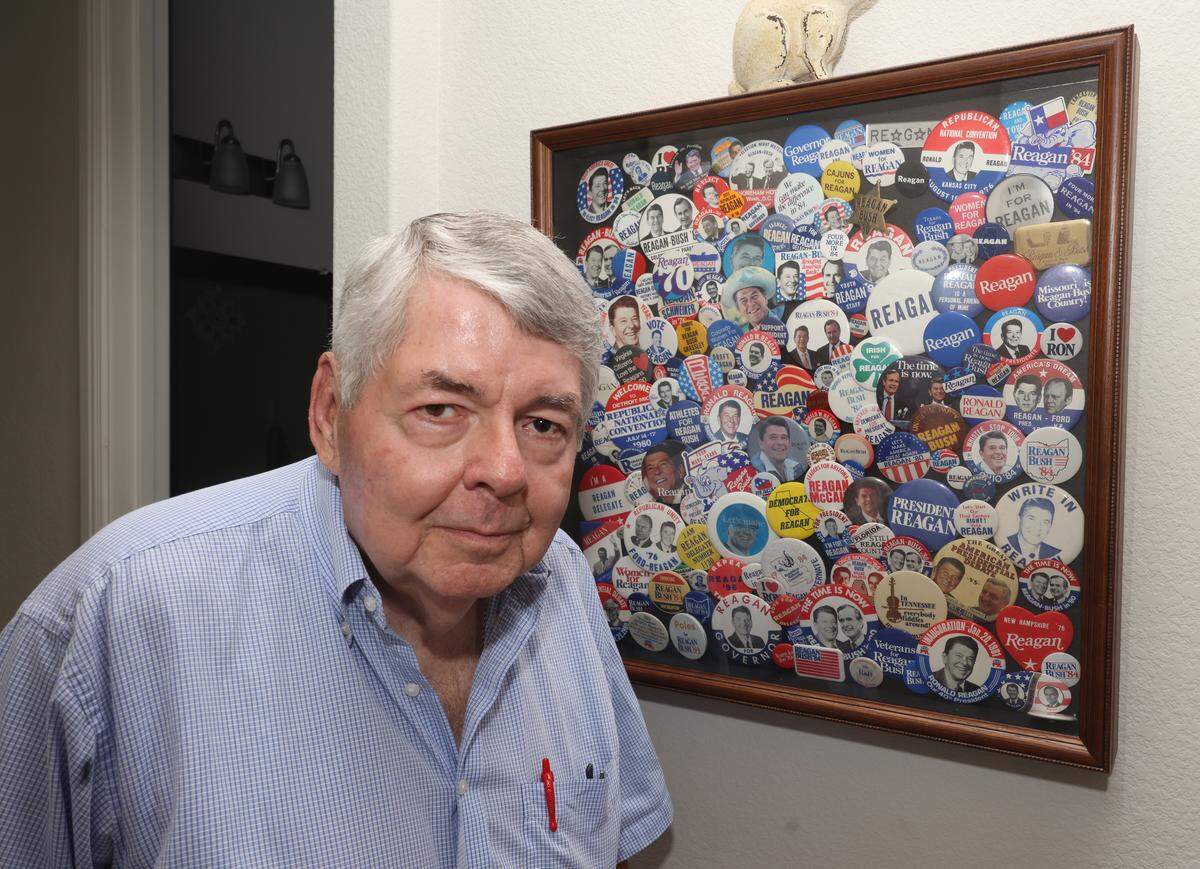 Kirby Wilbur shows off his Ronald Regan political pins at his home in McKinney, Texas, Monday, May, 18, 2026. Wilbur is a huge Regan fan. 