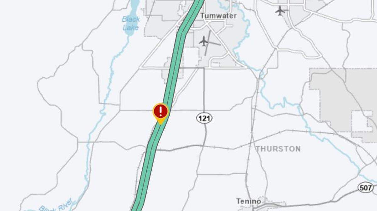 The exclamation point marks the site of barrier repair work that will slow I-5 traffic south of Tumwater from 8 a.m. to 3 p.m. Monday, May 8, according to the state Department of Transportation.