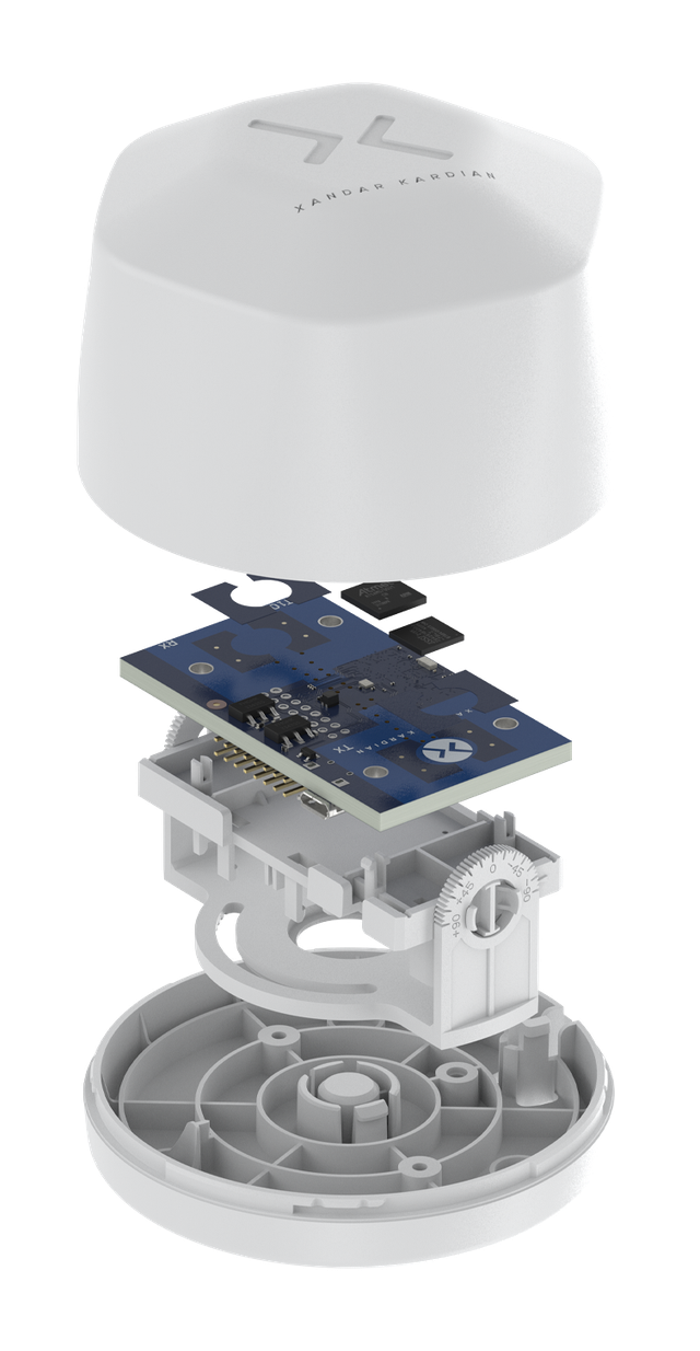 An image of an XK300 sensor sold by Reassurance Solutions LLC. The sensor is designed to detect vital signs of people in prison or jail cells.