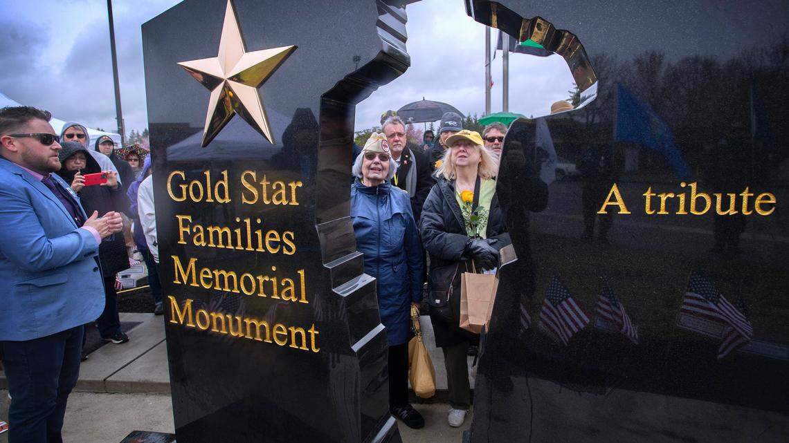 Local leaders, military relatives unveil Gold Star Families Memorial at Lacey Civic Plaza