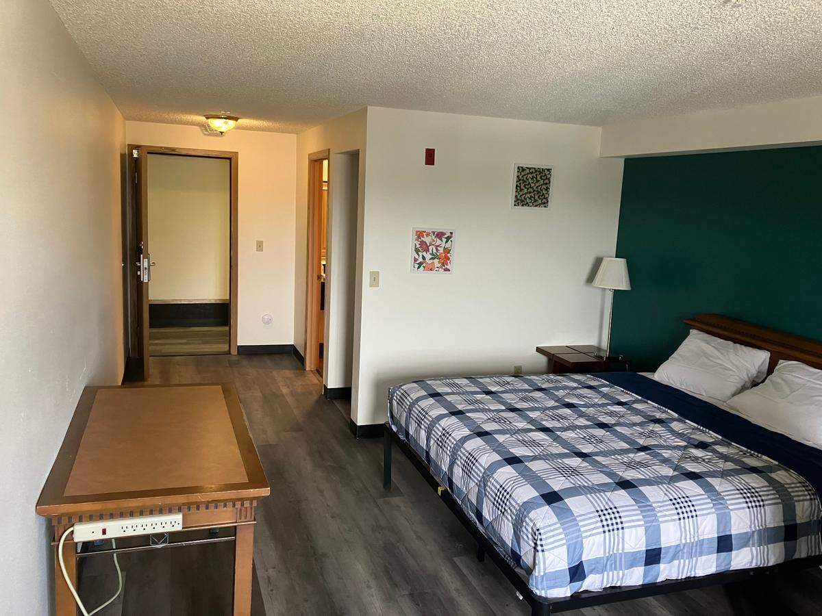 One of the 118 rooms at Maple Court, a new homeless shelter in Lacey at 8200 Quinault Drive NE.