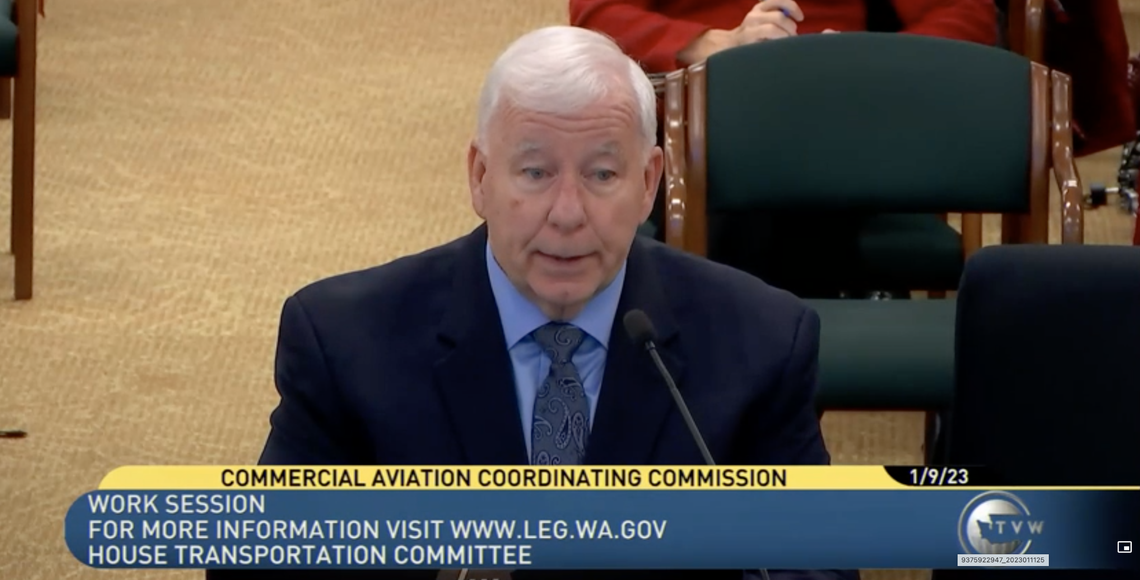 Warren Hendrickson, acting chair of state Commercial Aviation Coordinating Commission, presented lawmakers with an update on a selection process for a new domestic airport during a House Transportation Committee meeting Monday, Jan. 9, 2023..