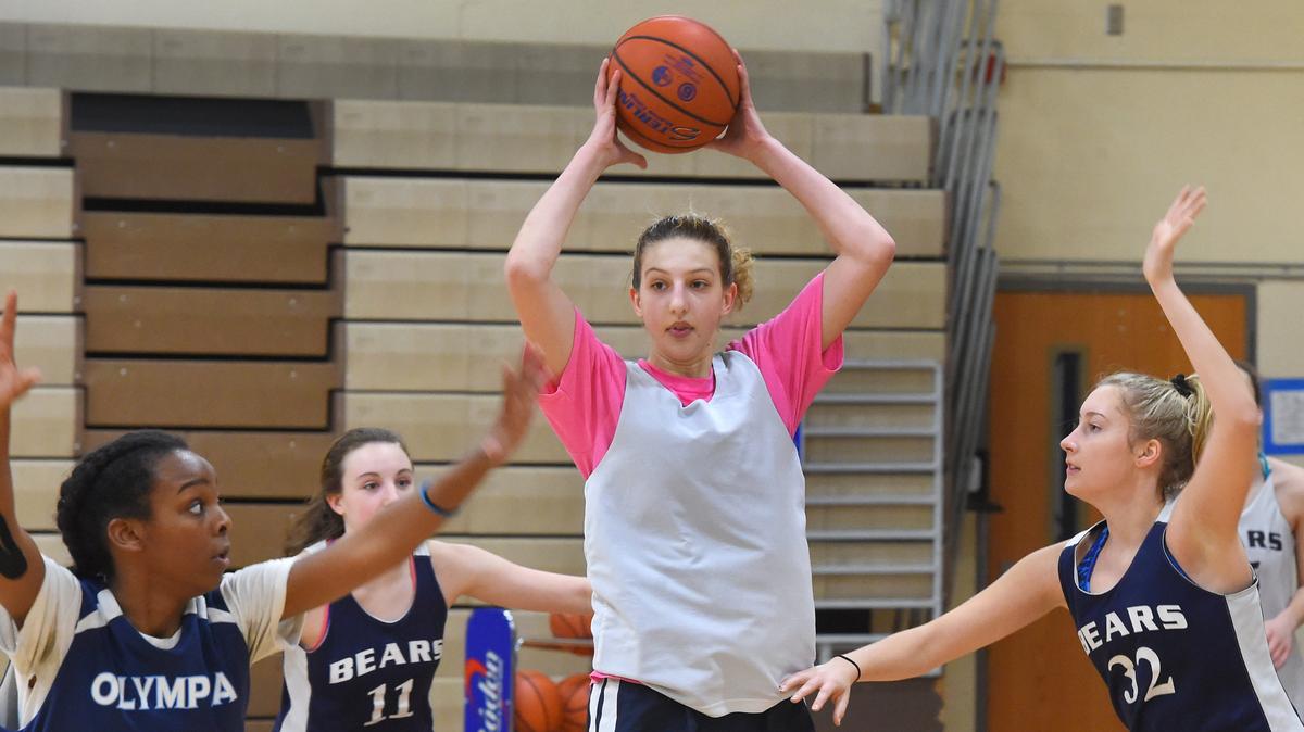 Olympia forward forward Emily Church goes through the Bears’ Jan. 2nd practice in their gym.