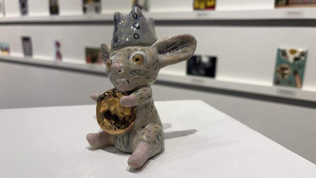 A crowned rat by ceramic artist Crisha Yantis of South Puget Sound Community College is among the works up for auction in the college’s 2026 Fine Art Postcard Exhibition.