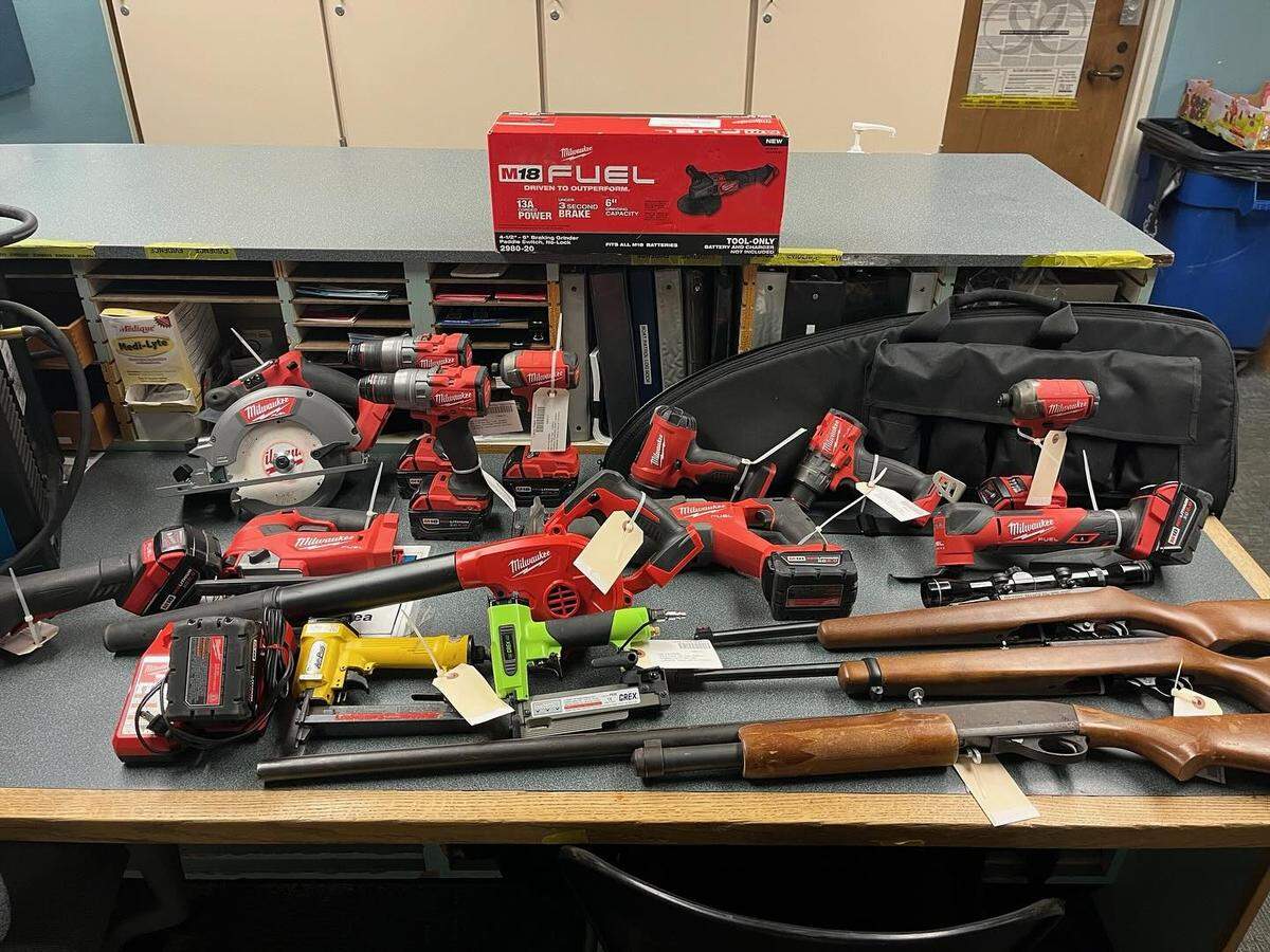 Some of the tools and guns recovered from a search of an area residence last week, according to Lacey police. The tools were taken from a community workspace known as Lacey MakerSpace.
