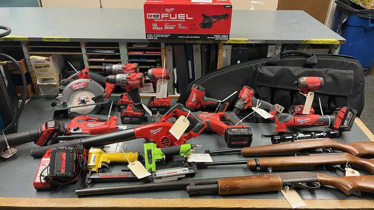 Some of the tools and guns recovered from a search of an area residence last week, according to Lacey police. The tools were taken from a community workspace known as Lacey MakerSpace.