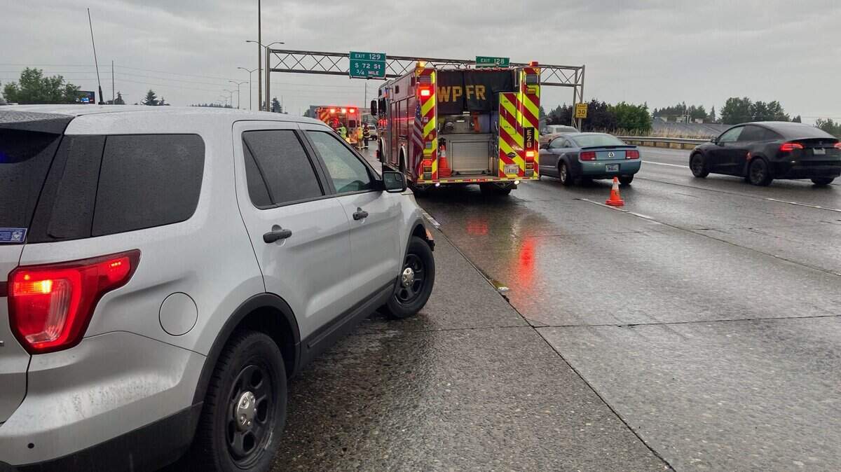 Washington State Patrol troopers say the motorcyclist was speeding two fast for conditions, then changed lanes and crashed into two vehicles.