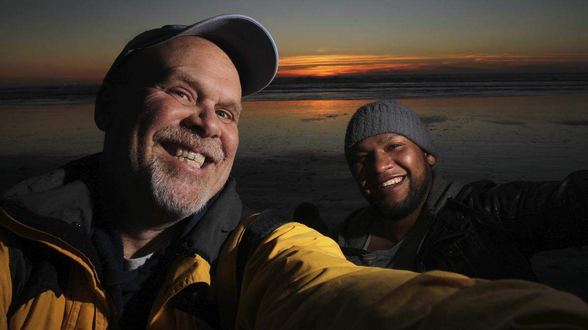 Olympian photojournalist Tony Overman and Eloy Perez at Grayland, Washington, in 2014.